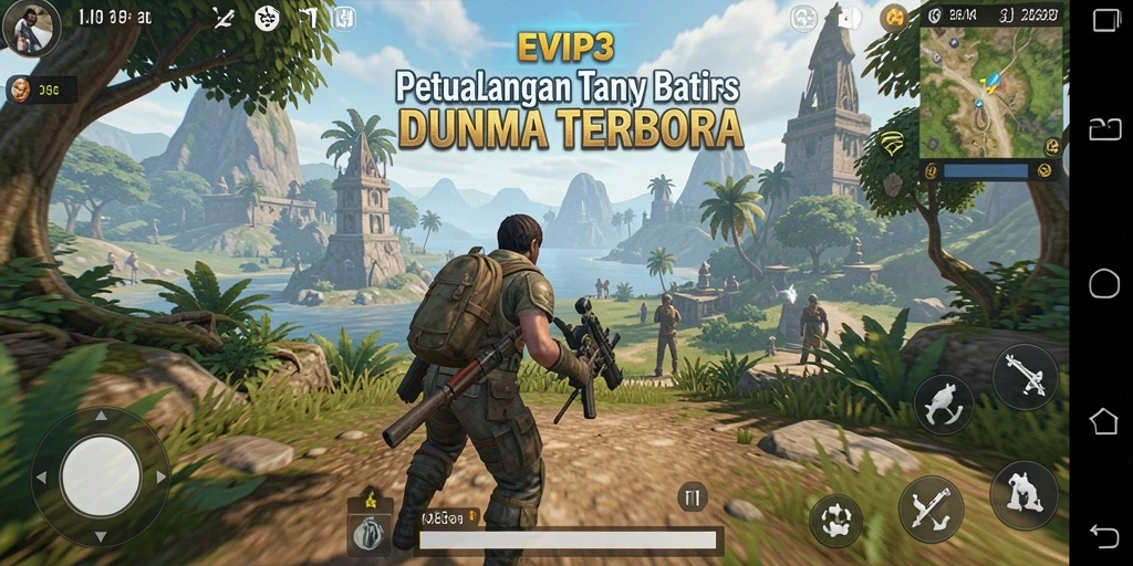 Screenshot gameplay EVIP3 menampilkan petualangan dalam dunia terbuka yang luas.