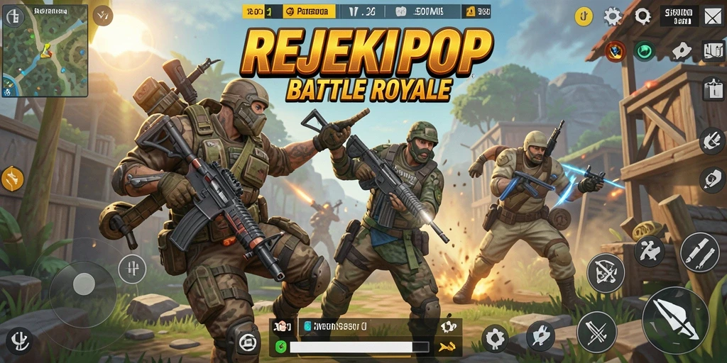 Screenshot utama REJEKIPOP menampilkan aksi intens dalam pertempuran Battle Royale.