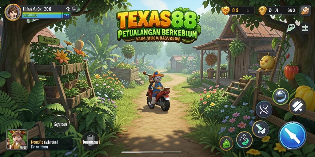 Tampilan utama gameplay TEXAS88 yang menggambarkan kebun yang subur.